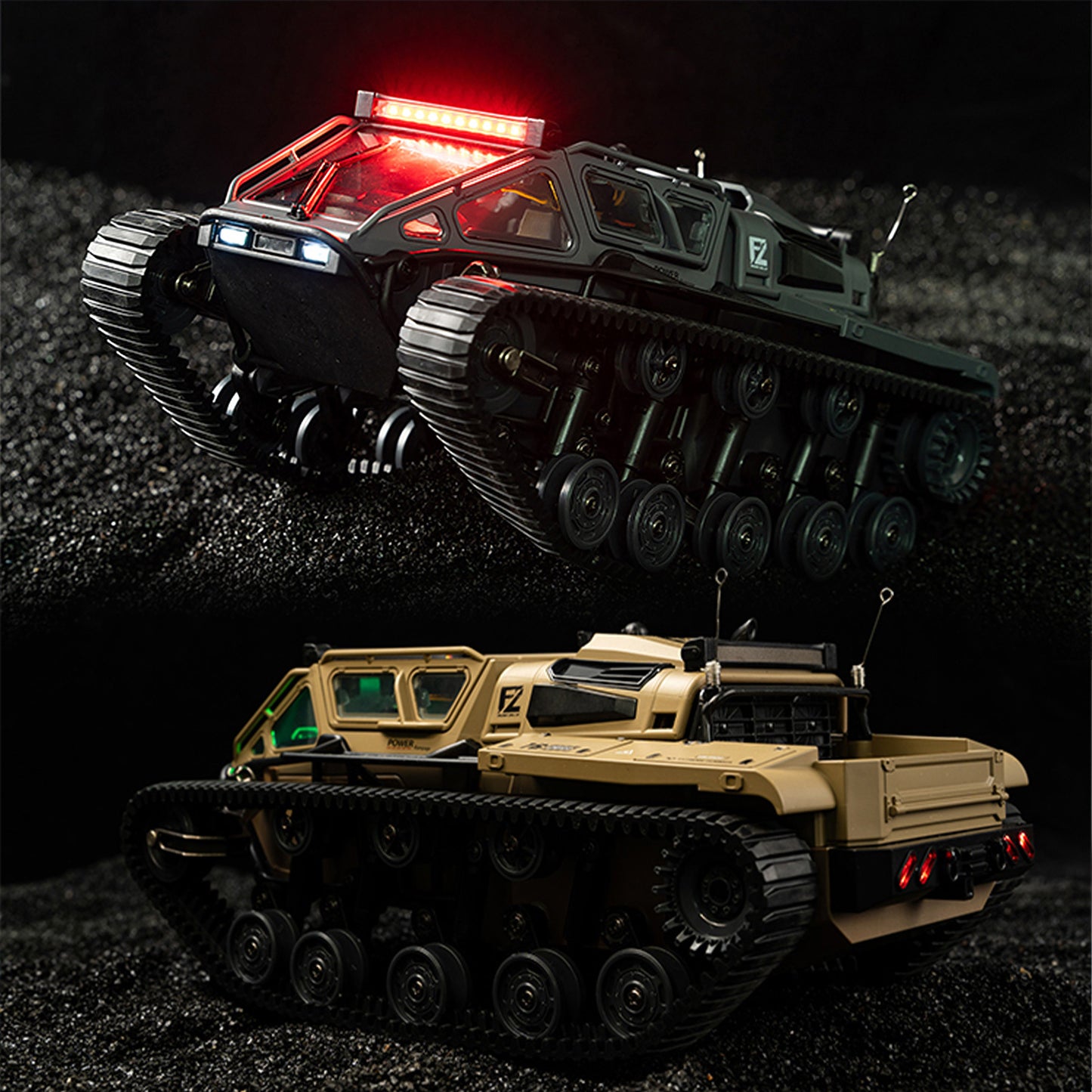 HighPeak WarBeast RC Tank in black and tan with LED lights and tracked treads on rugged terrain for all-terrain RC fun