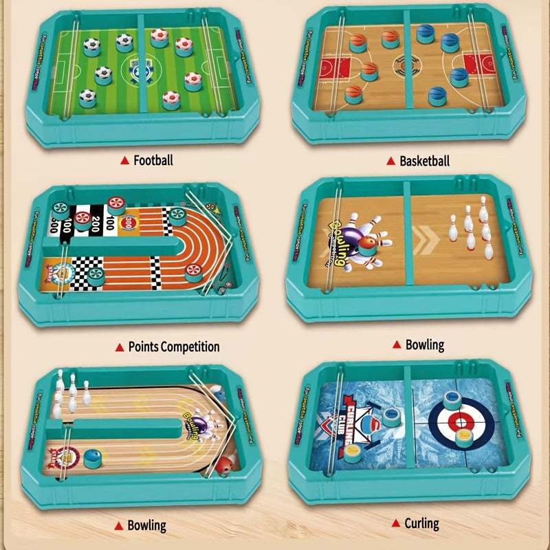 6-in-1 Sports BattleBoard tabletop game set featuring football, basketball, bowling, curling and points games in turquoise frames