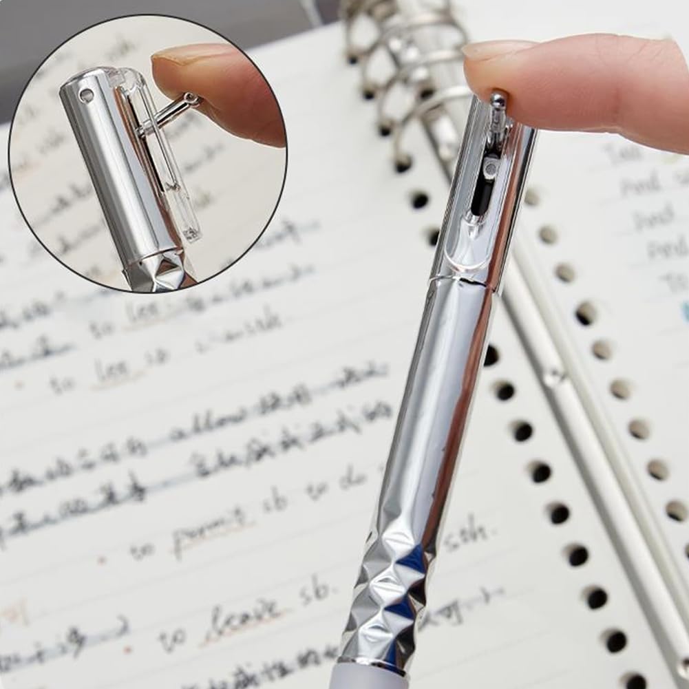 Silver Geometric Metal Crinkle Pen with textured diamond pattern grip shown on notebook page, featuring retractable click design
