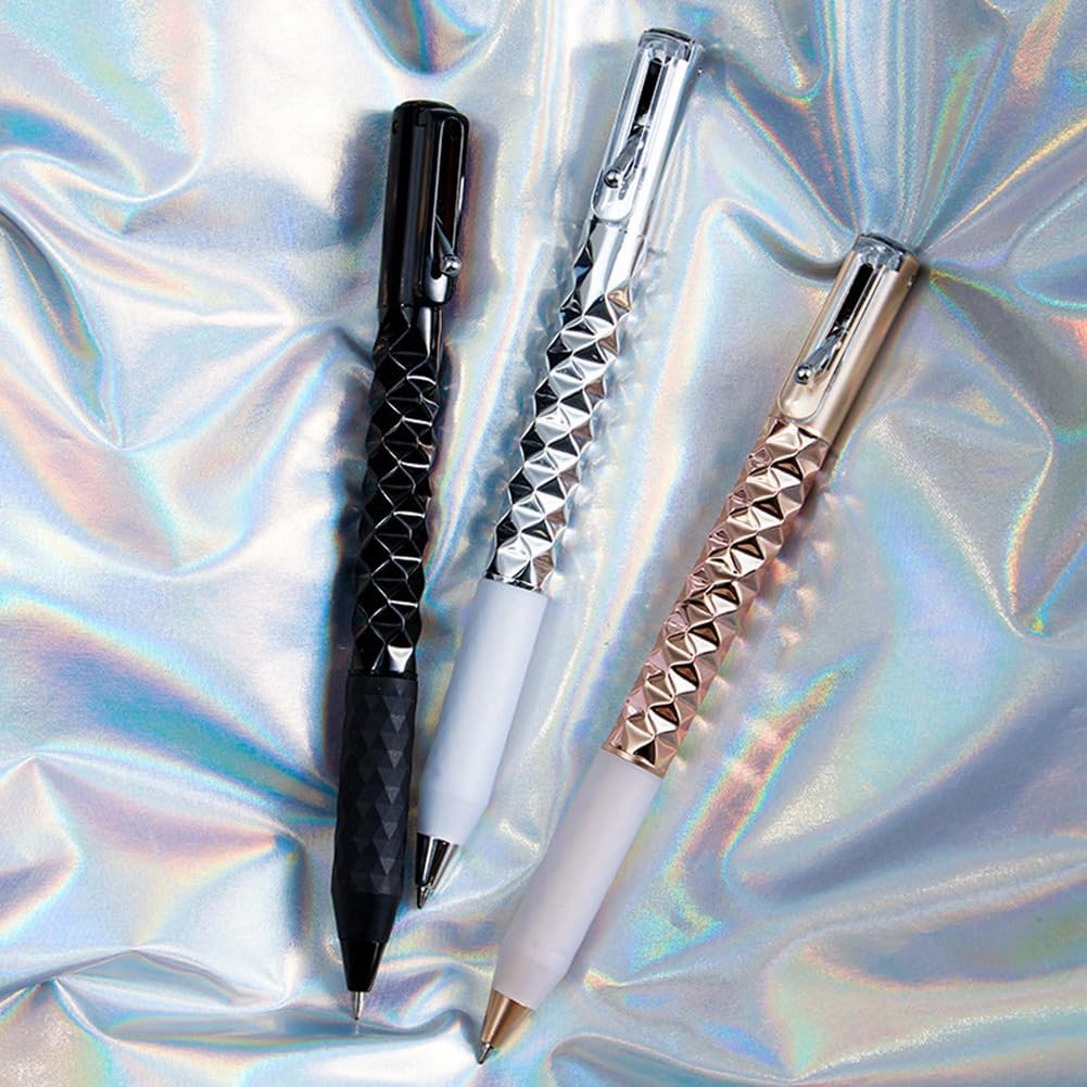 Geometric Metal Crinkle Pens in black, silver, and rose gold featuring textured diamond pattern on holographic background