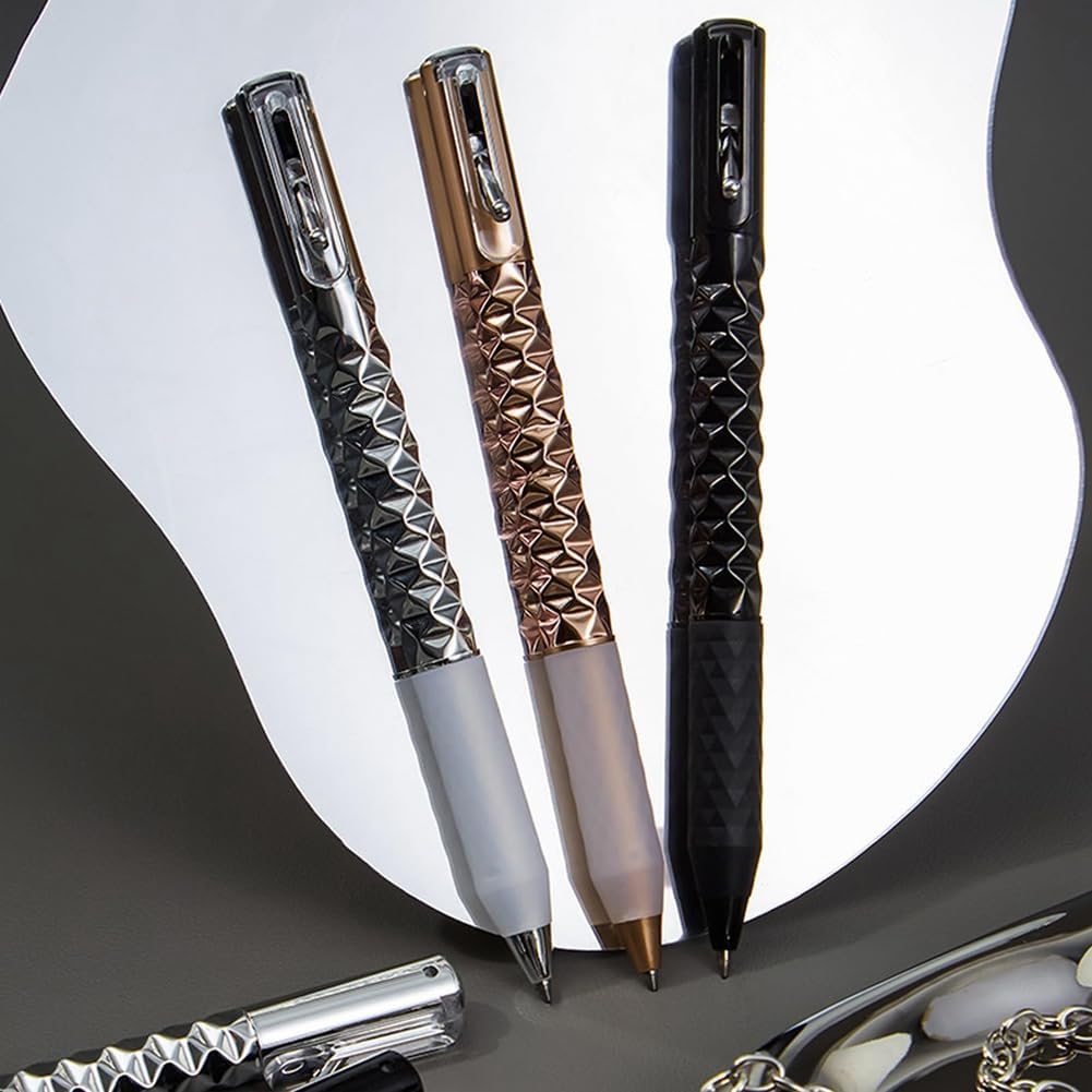 Geometric Metal Crinkle Pen in silver, gold, and black with textured diamond pattern design on white background