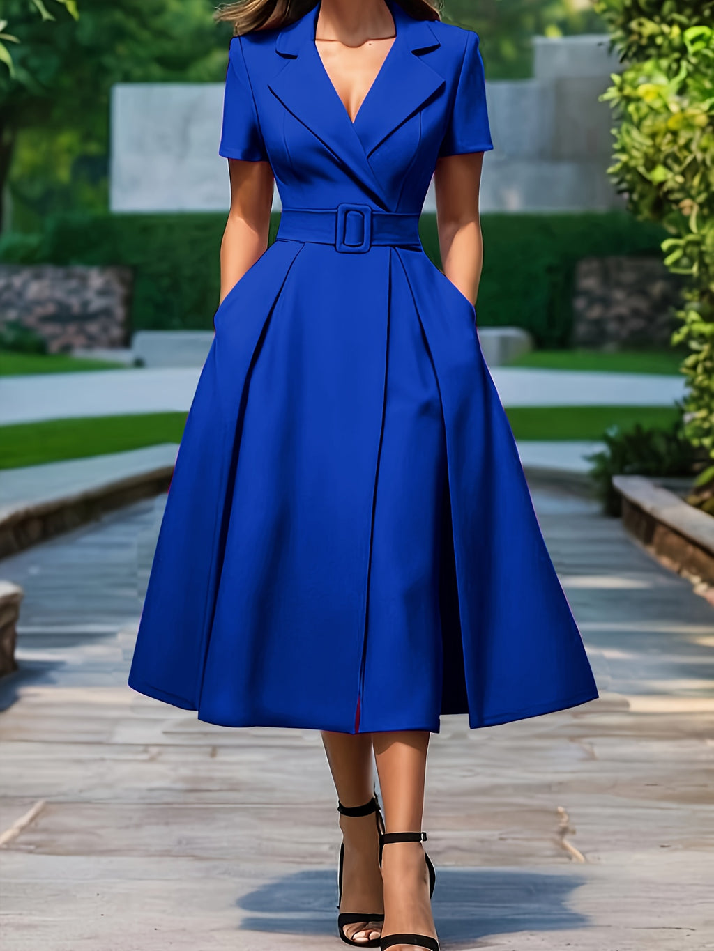 HighPeak The Verona A-Line Midi Dress in royal blue with built-in belt and collar, worn outdoors on a sunny pathway.