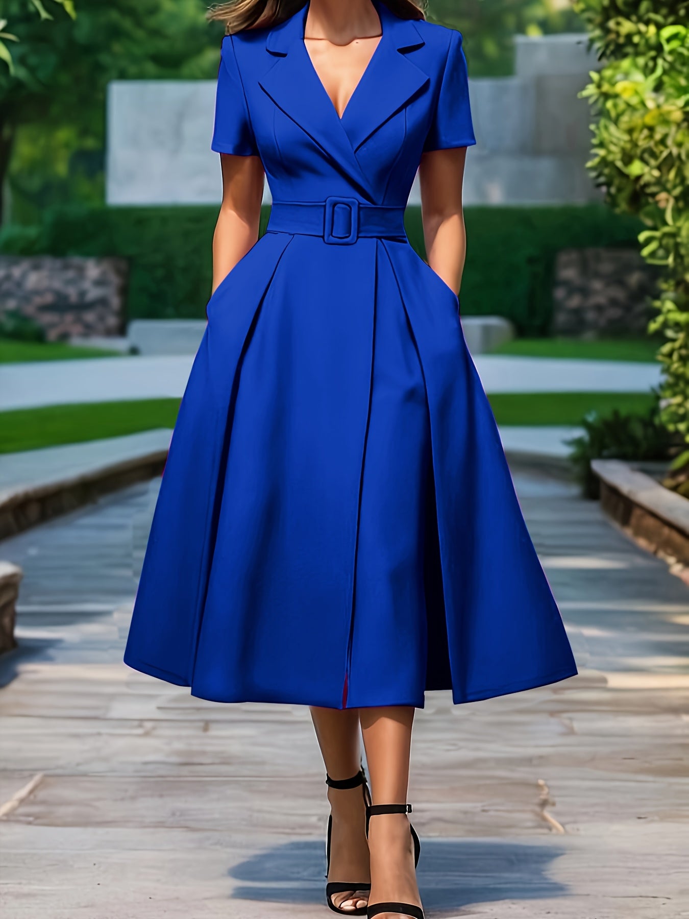 HighPeak The Verona A-Line Midi Dress in royal blue with built-in belt and collar, worn outdoors on a sunny pathway.