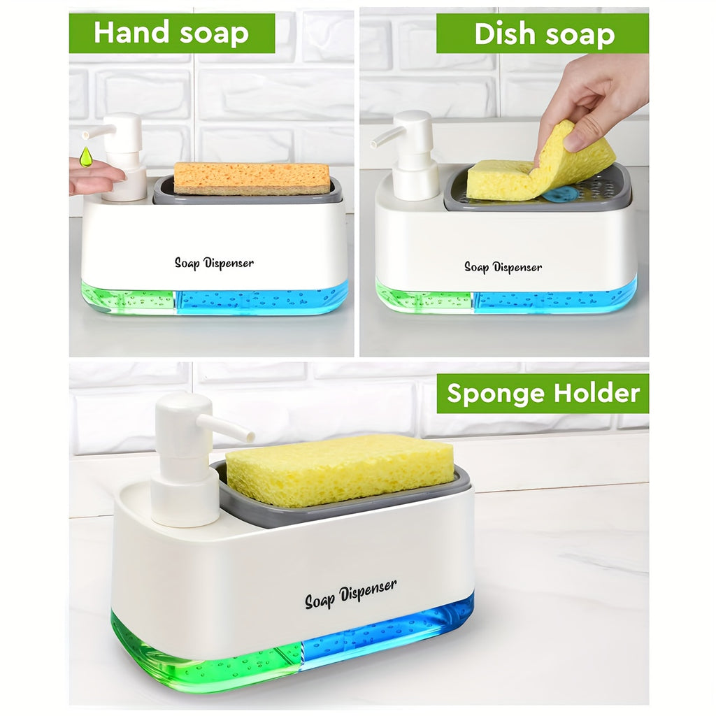SoapMate™ manual soap dispenser with built-in sponge holder in white with blue and green base on kitchen counter.