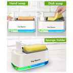 SoapMate™ manual soap dispenser with built-in sponge holder in white with blue and green base on kitchen counter.