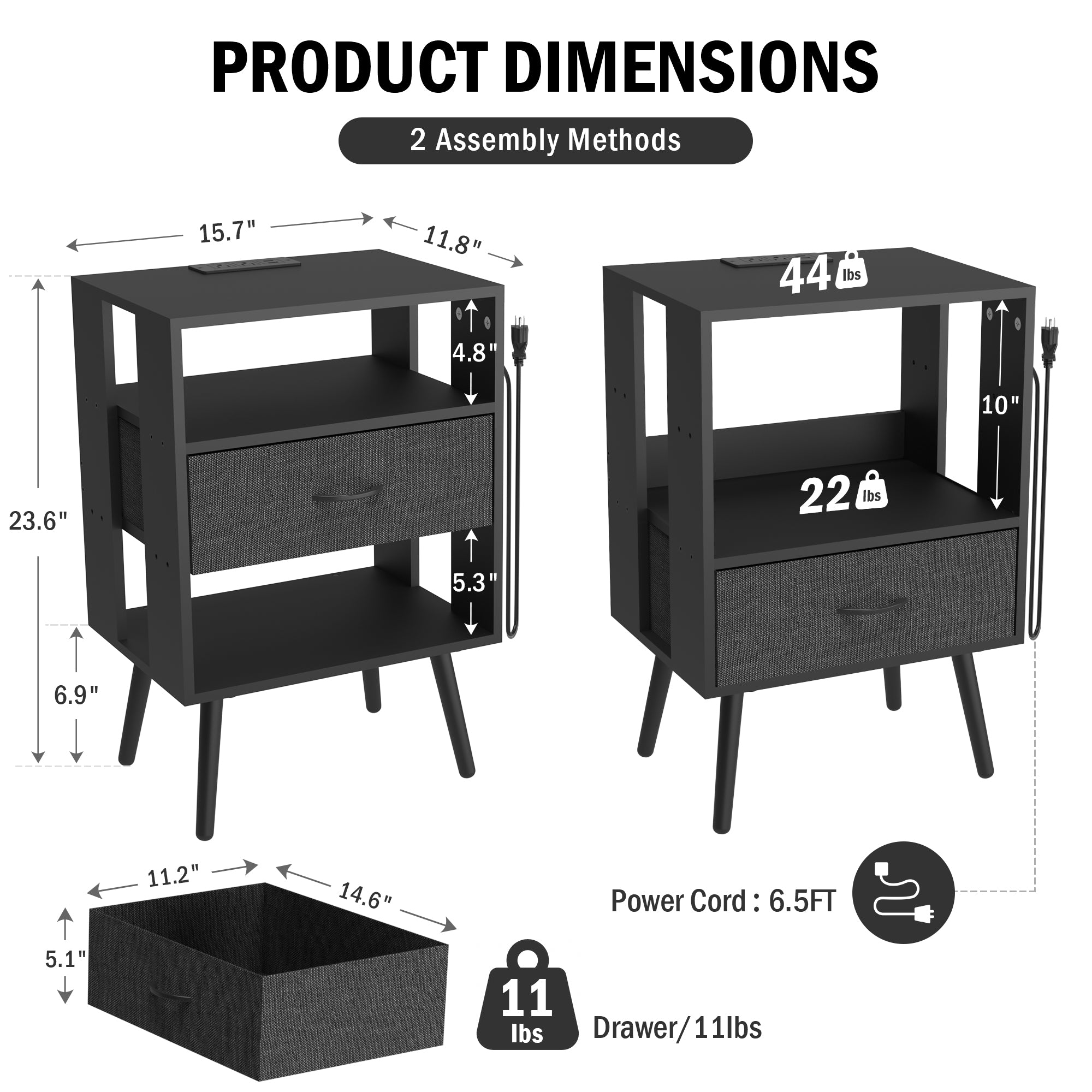 HighPeak Custom LED Nightstands - Set of 2 with modular drawers, black finish, and built-in USB charging ports.