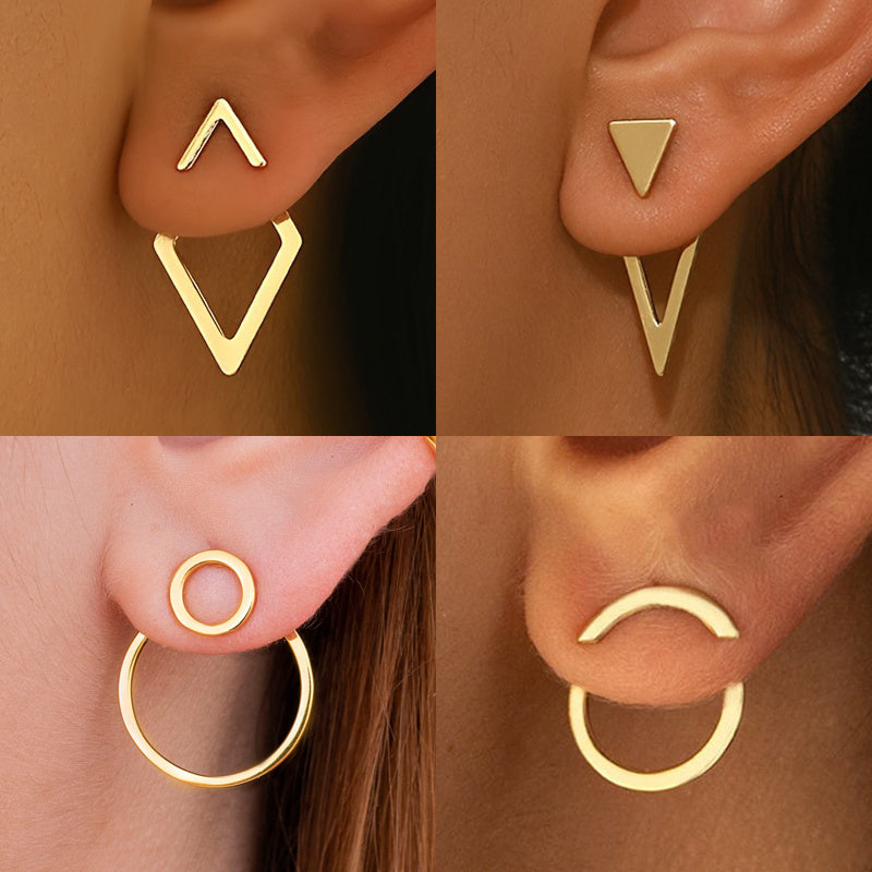 Geometric Gold Earrings by HighPeak showing four gold-plated minimalist geometric styles worn on ears, stylish and versatile