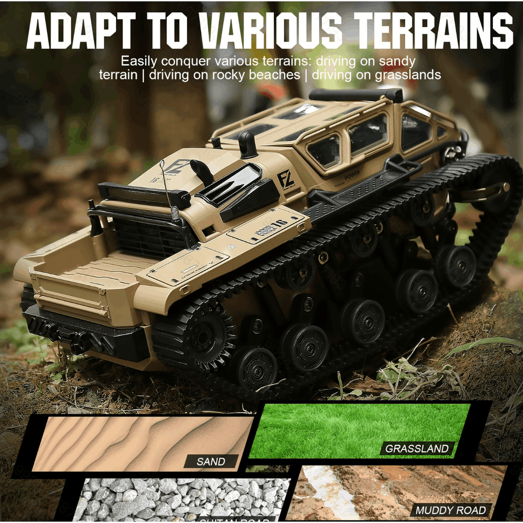 WarBeast RC Tank by HighPeak in tan with tracked treads conquering grassland terrain for off-road RC driving.