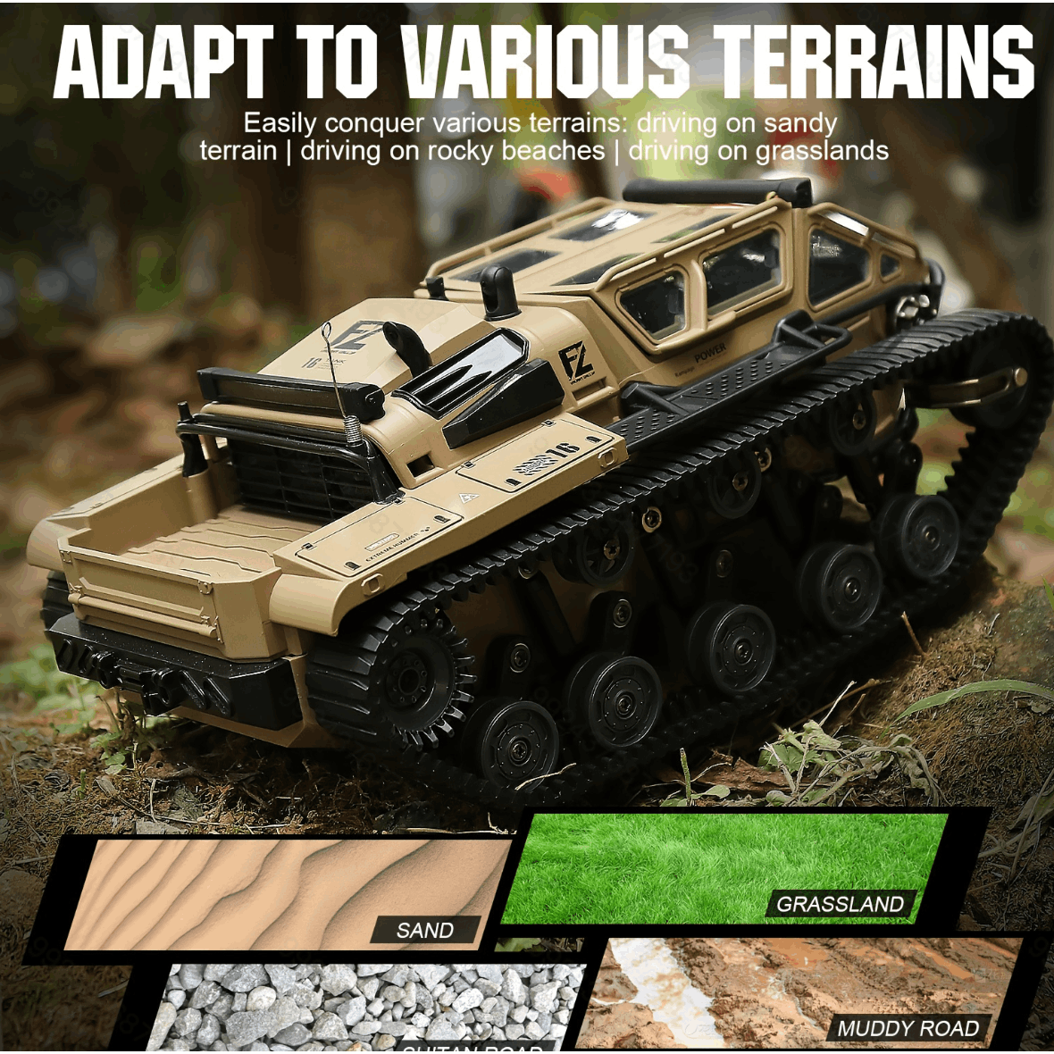 WarBeast RC Tank by HighPeak in tan with tracked treads conquering grassland terrain for off-road RC driving.