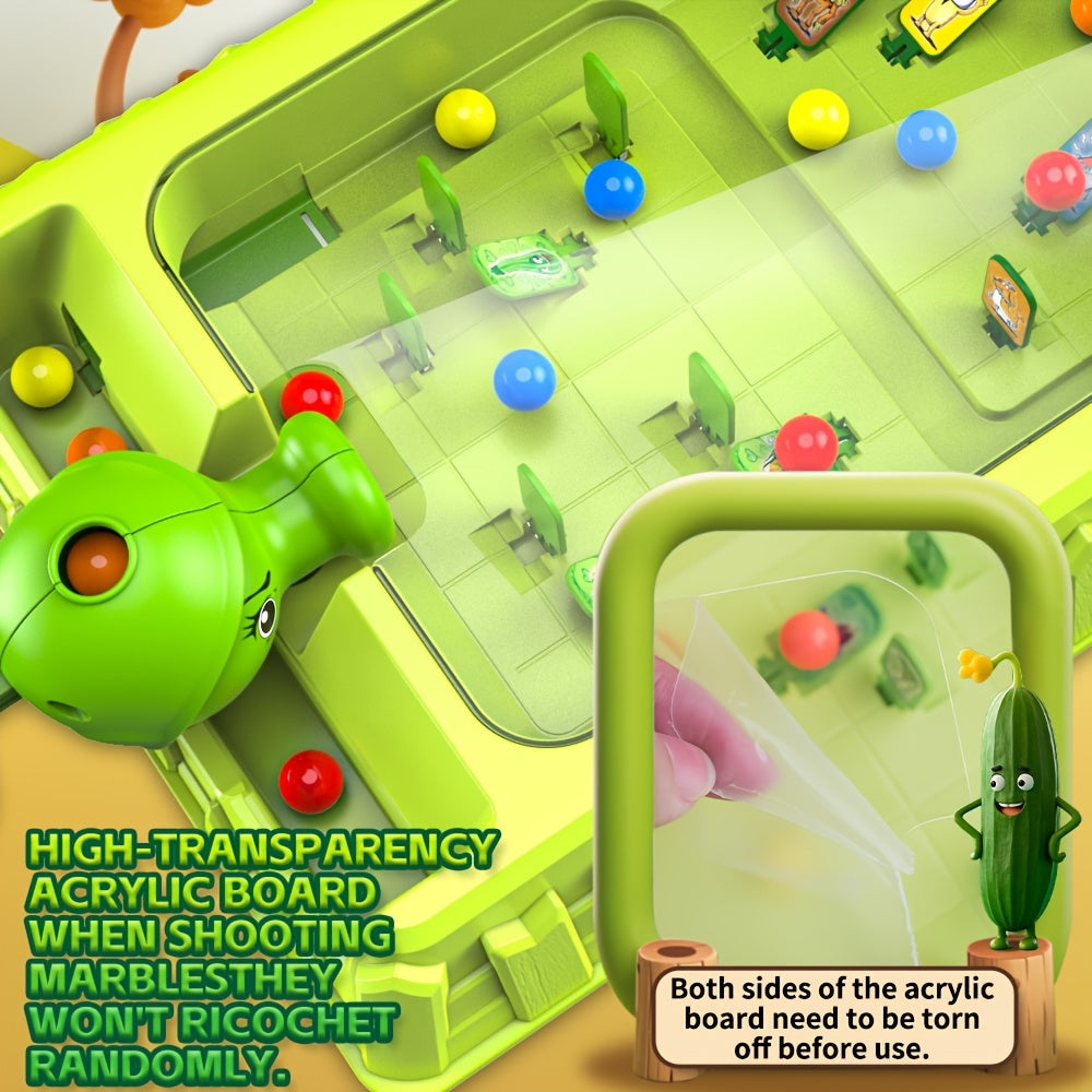 VeggieBlasters™ - Battle Arena green marble shooter with clear acrylic board and colorful marbles in action by HighPeak.