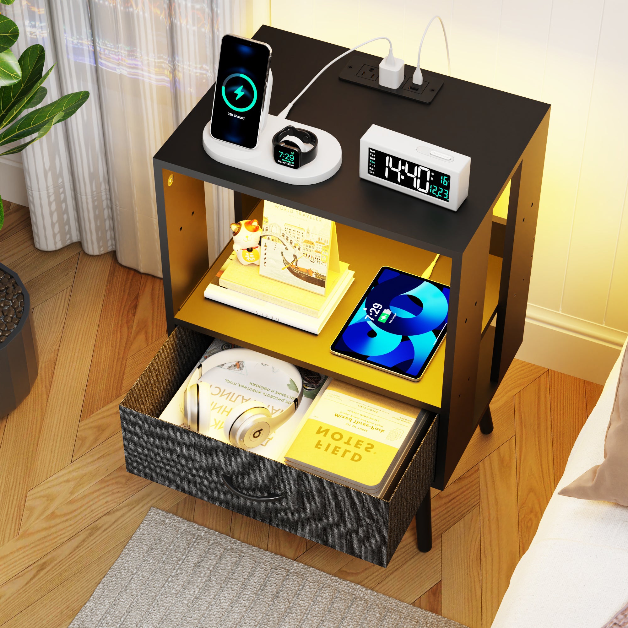 HighPeak Custom LED Nightstands set of 2 in black with yellow LED glow, one drawer open, USB charging on bedside.