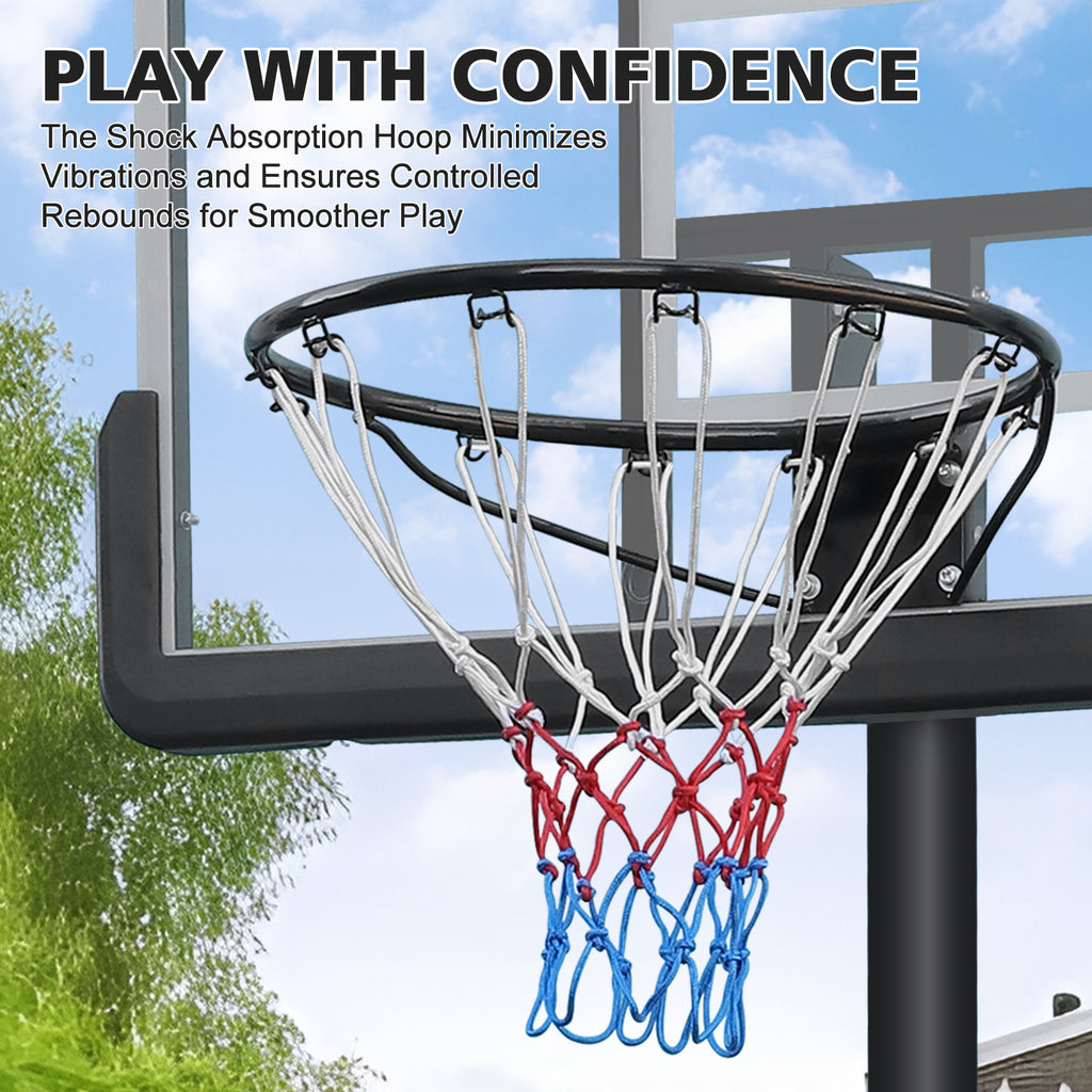 Adjustable Basketball Hoop by HighPeak with shock absorption rim, red white and blue net, black frame, outdoor setting