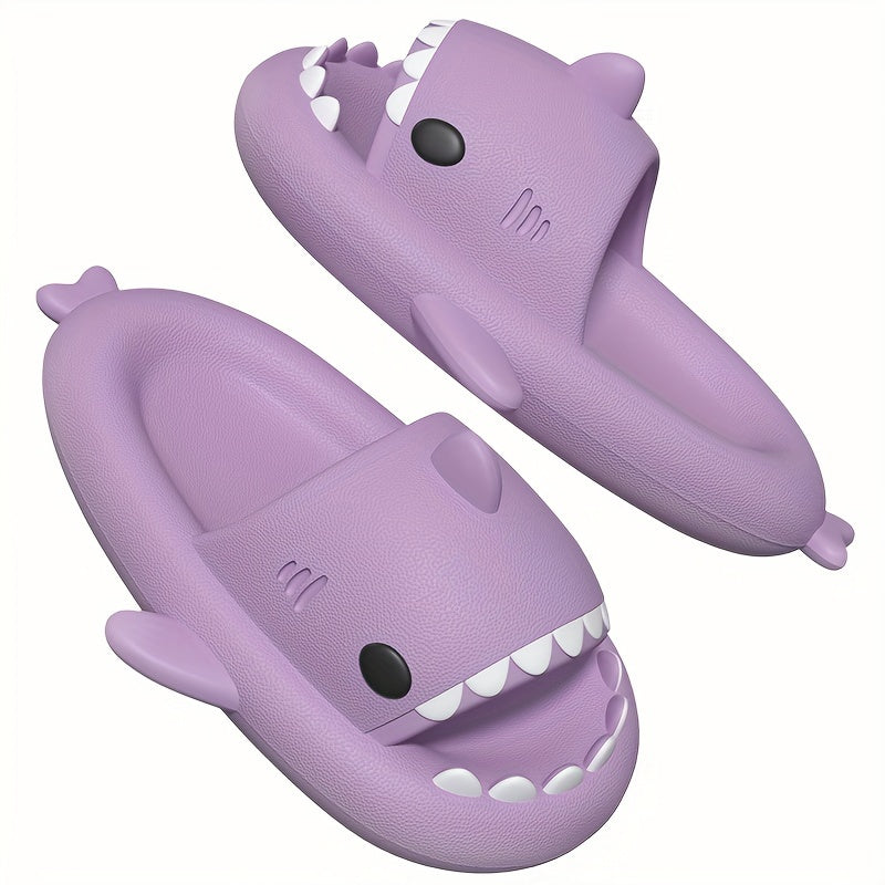 HighPeak Shark Slides in purple with shark-bite design, cushy EVA sole, open toe, and non-slip features for indoor and outdoor use