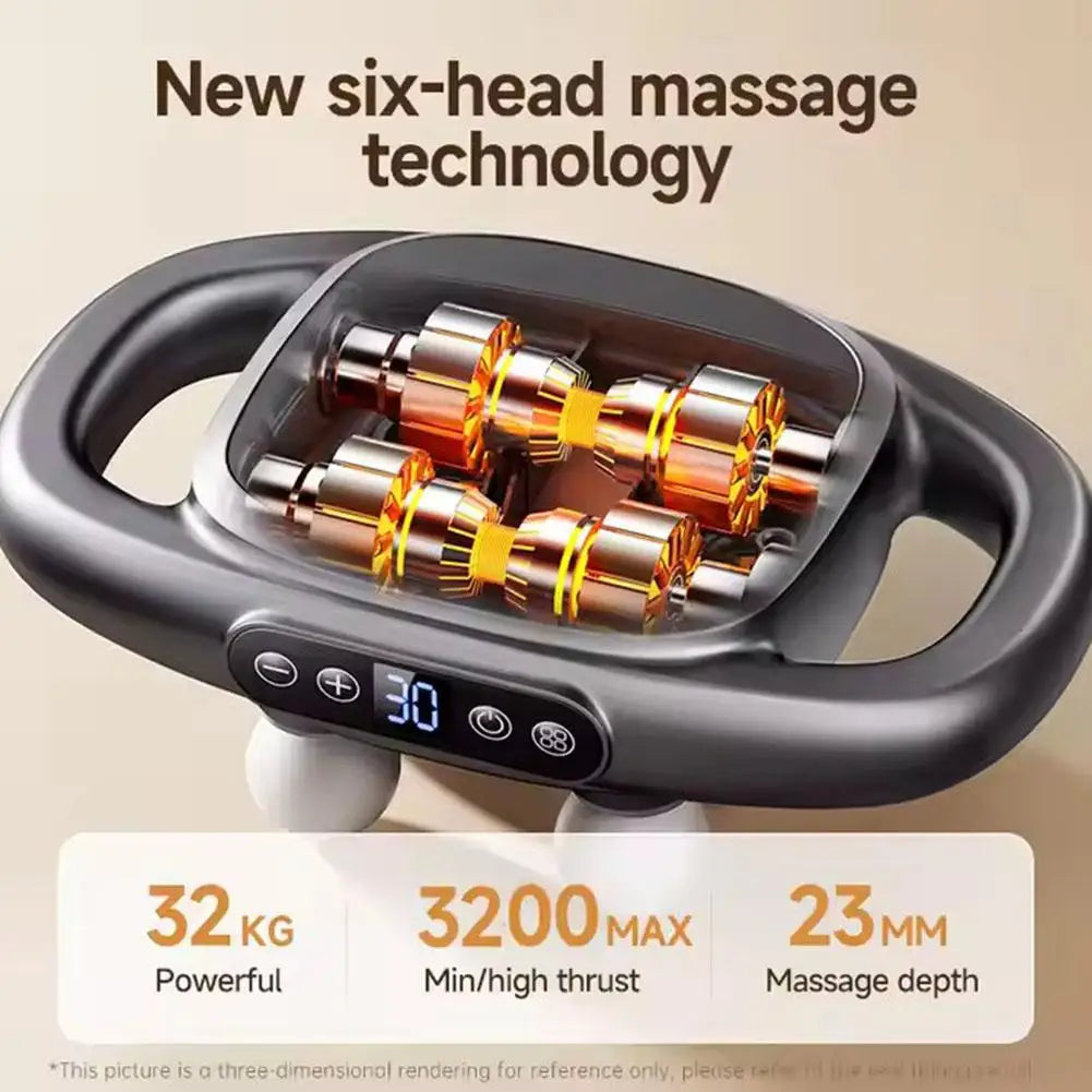 HighPeak DeepRelief™ Multi-Head Body Massager with six heated massage heads, digital display, and dual-handle grip in black