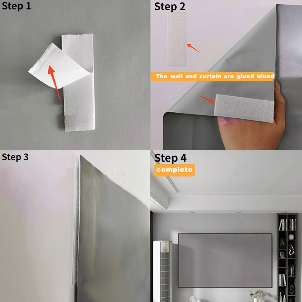 ClarityBoost Projector Screen installation steps showing peel-and-stick anti-glare fabric on wall in a modern living room