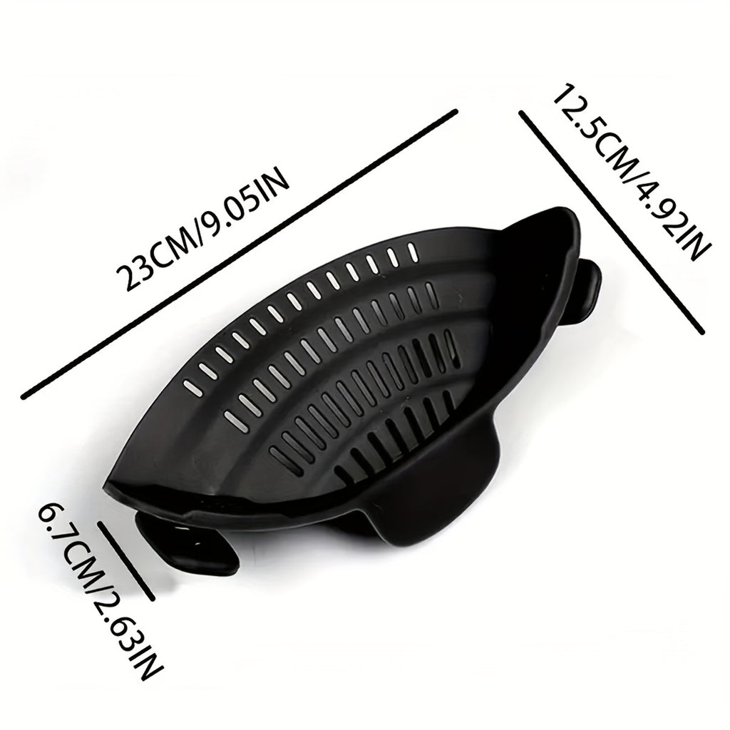 SnapStrain™ - Clip On Food Strainer in black with vent holes and clip design, compact and heat-safe kitchen tool by HighPeak