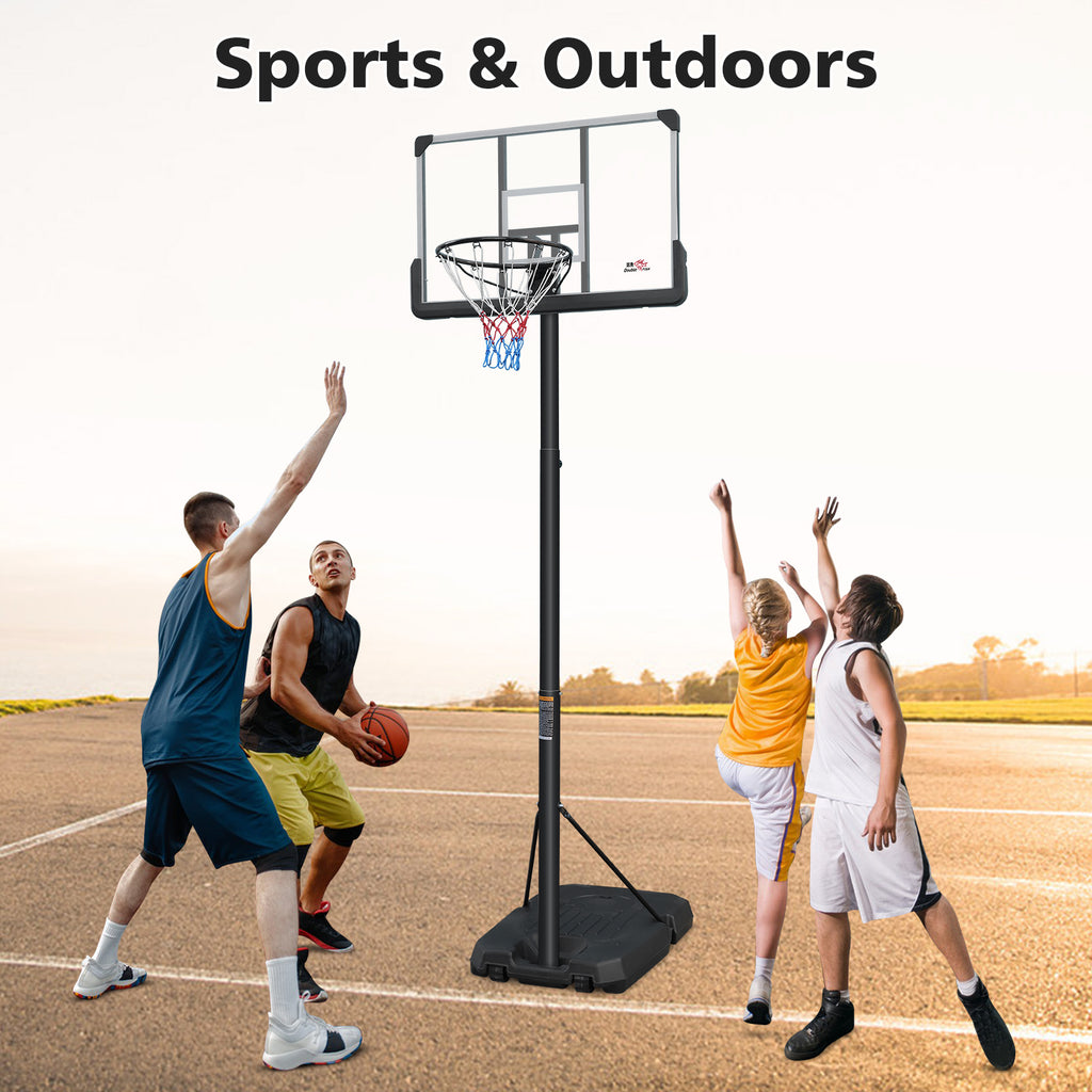 HighPeak Adjustable Basketball Hoop with 44" shatterproof backboard on outdoor court, kids and adults playing basketball.