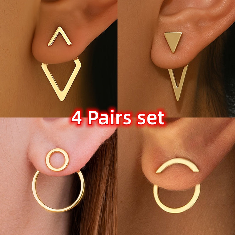 HighPeak Geometric Gold Earrings set showing four gold-plated minimalist styles worn on ears in close-up.