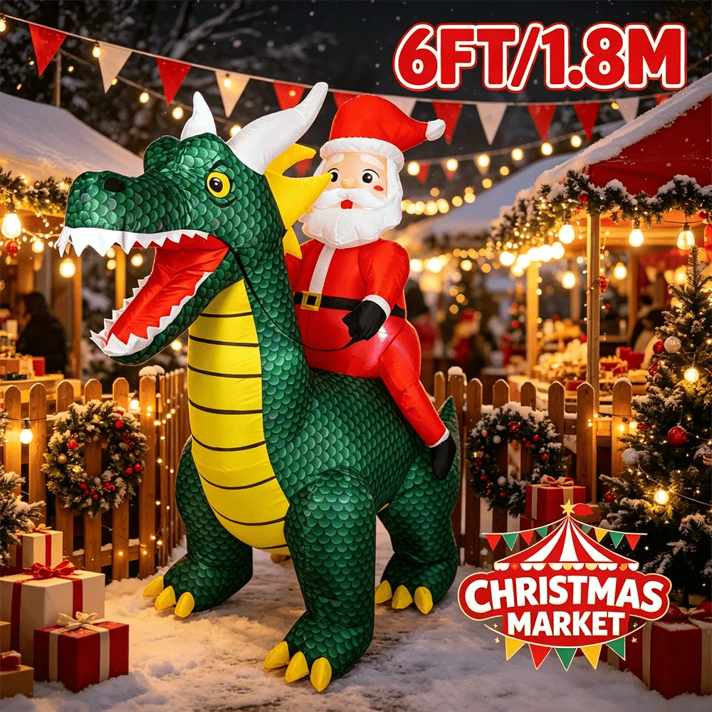 6FT Santa Dragon Inflatable beside Christmas market stalls with overhead string lights and festive bunting.