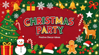 Christmas party title card with gifts, bells, a snowman, reindeer and a Christmas tree; no inflatable shown.