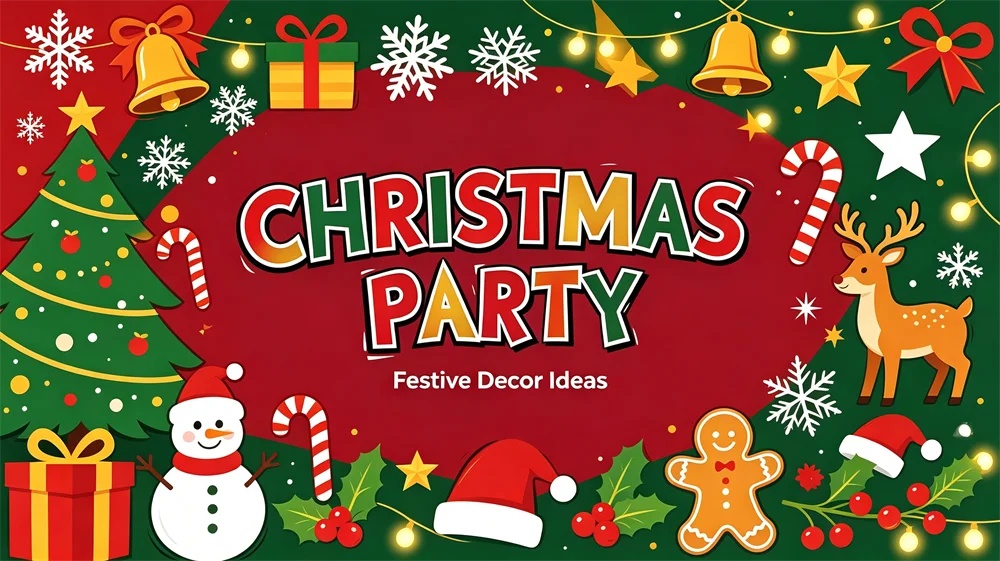 Christmas party title card with gifts, bells, a snowman, reindeer and a Christmas tree; no inflatable shown.
