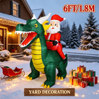 6FT Santa Dragon Inflatable outside a snowy house with presents, a sleigh and Yard Decoration lettering.