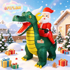 6FT Santa Dragon Inflatable in an illustrated snowy neighborhood with colorful gifts and holiday lettering.