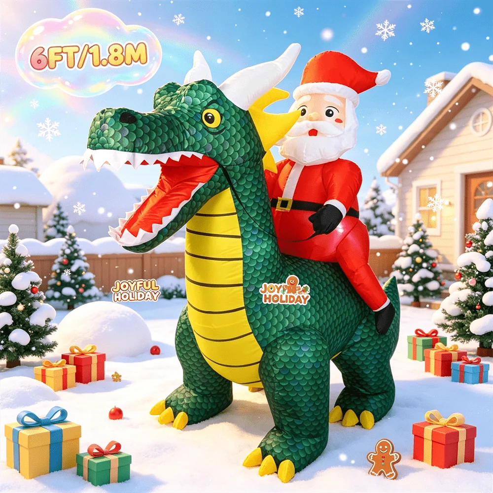 6FT Santa Dragon Inflatable in an illustrated snowy neighborhood with colorful gifts and holiday lettering.