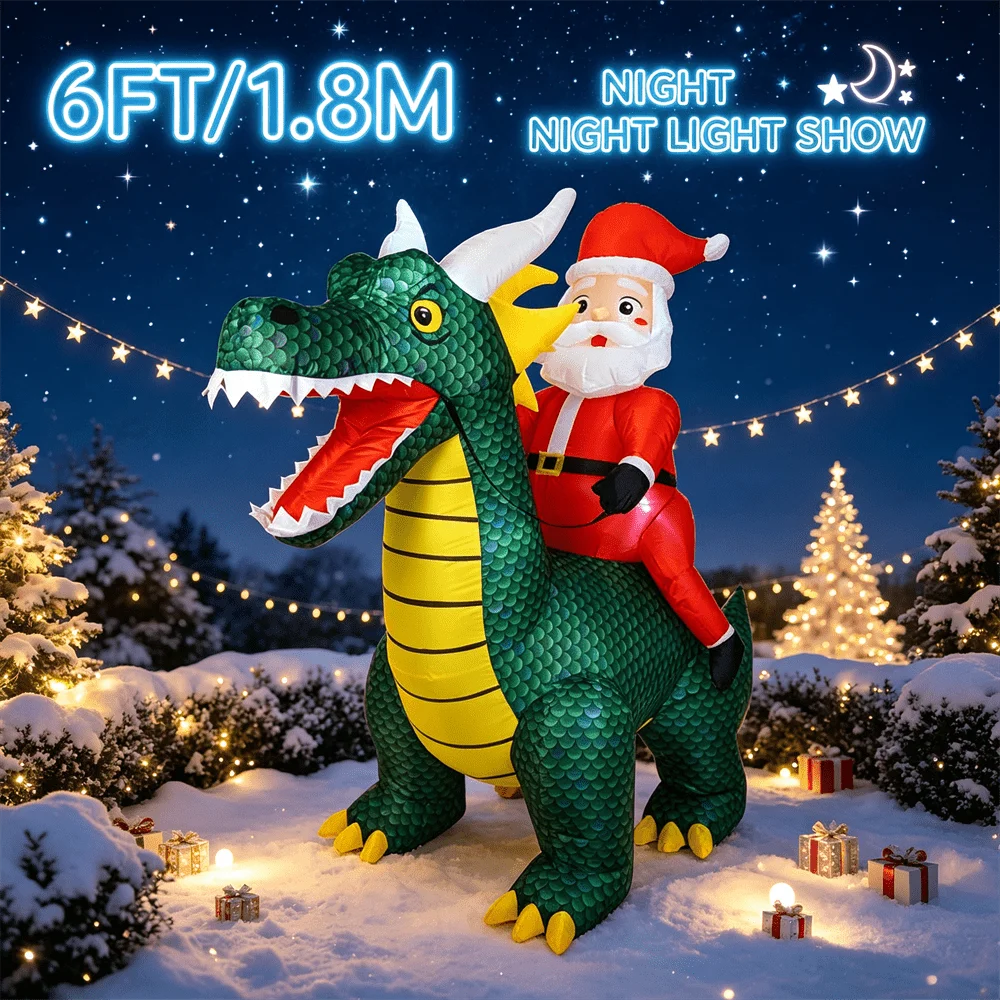 6FT Santa Dragon Inflatable in a stylized starry garden with decorative lights and Night Light Show lettering.