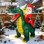 6FT Santa Dragon Inflatable in a snowy backyard with gifts, Merry Christmas lettering and a 6FT height label.