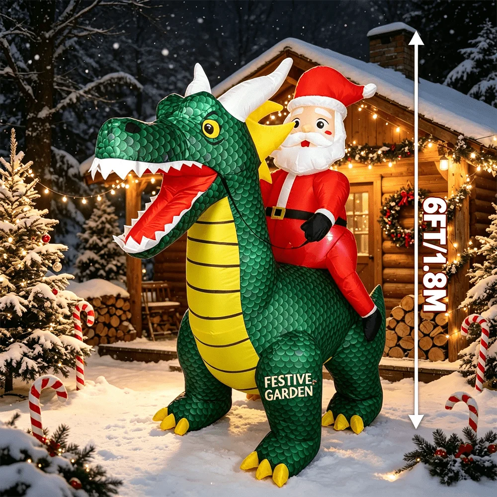 6FT Santa Dragon Inflatable with Santa riding a green dragon outside a snowy cabin at night, with a height label.