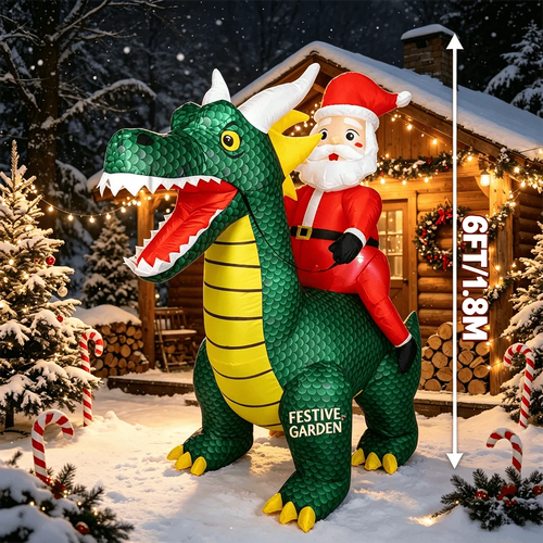 6FT Santa Dragon Inflatable with Santa riding a green dragon outside a snowy cabin at night, with a height label.