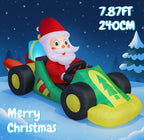 7.9FT Inflatable Santa Race Car in a snowy Christmas scene with its 240cm size label