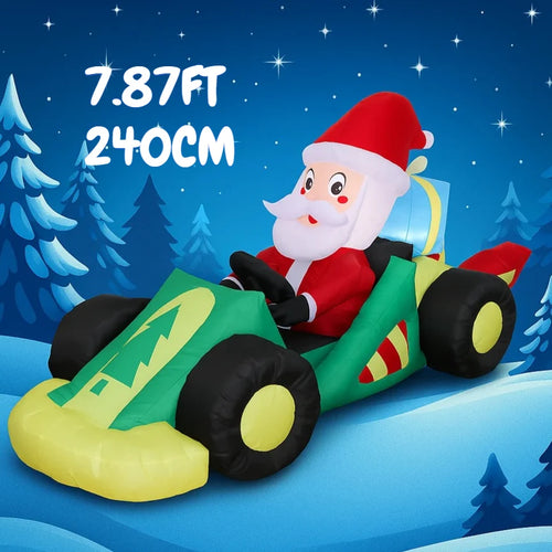 7.9FT Inflatable Santa Race Car front view showing Santa, a gift, and the colorful race car