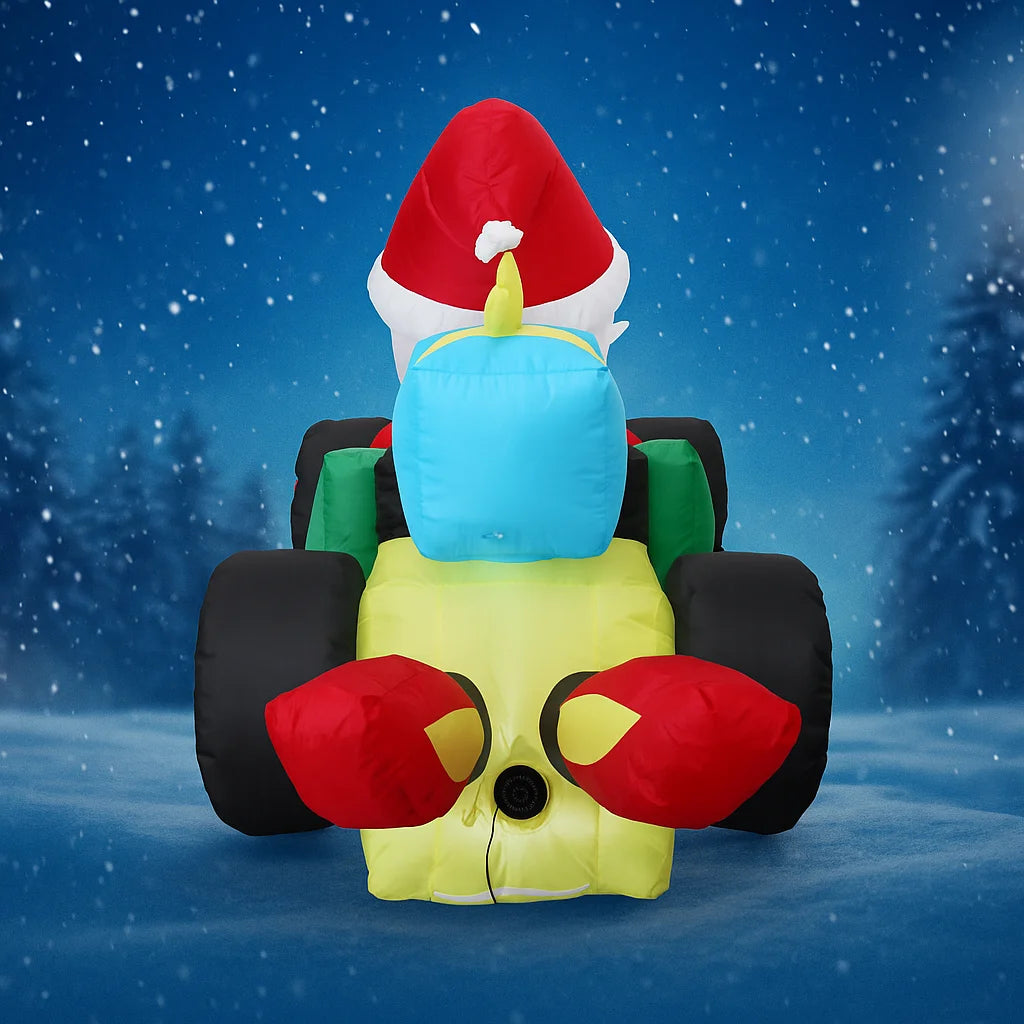 7.9FT Inflatable Santa Race Car rear view showing the blower opening, wheels, and gift