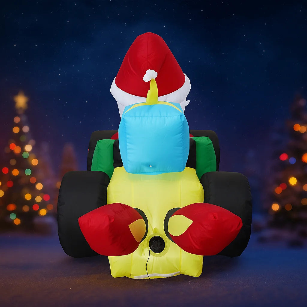 7.9FT Inflatable Santa Race Car rear view against a nighttime Christmas setting