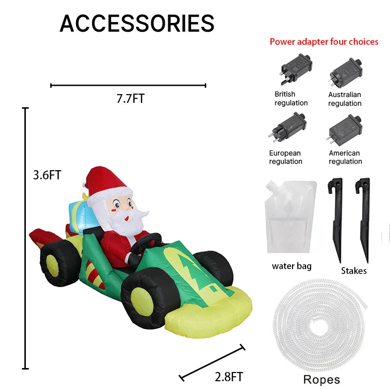 7.9FT Inflatable Santa Race Car size guide with regional adapters, water bag, stakes, and ropes