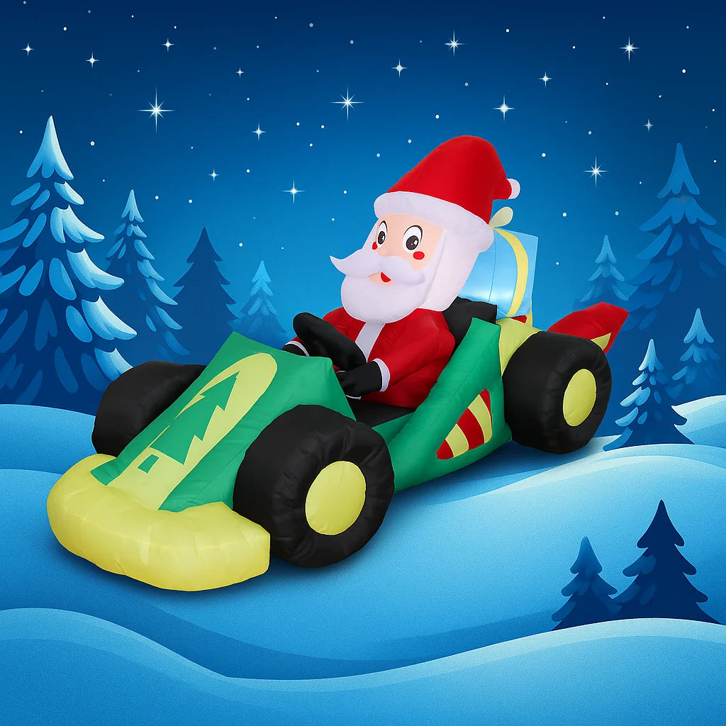 7.9FT Inflatable Santa Race Car front three-quarter view in a snowy forest setting