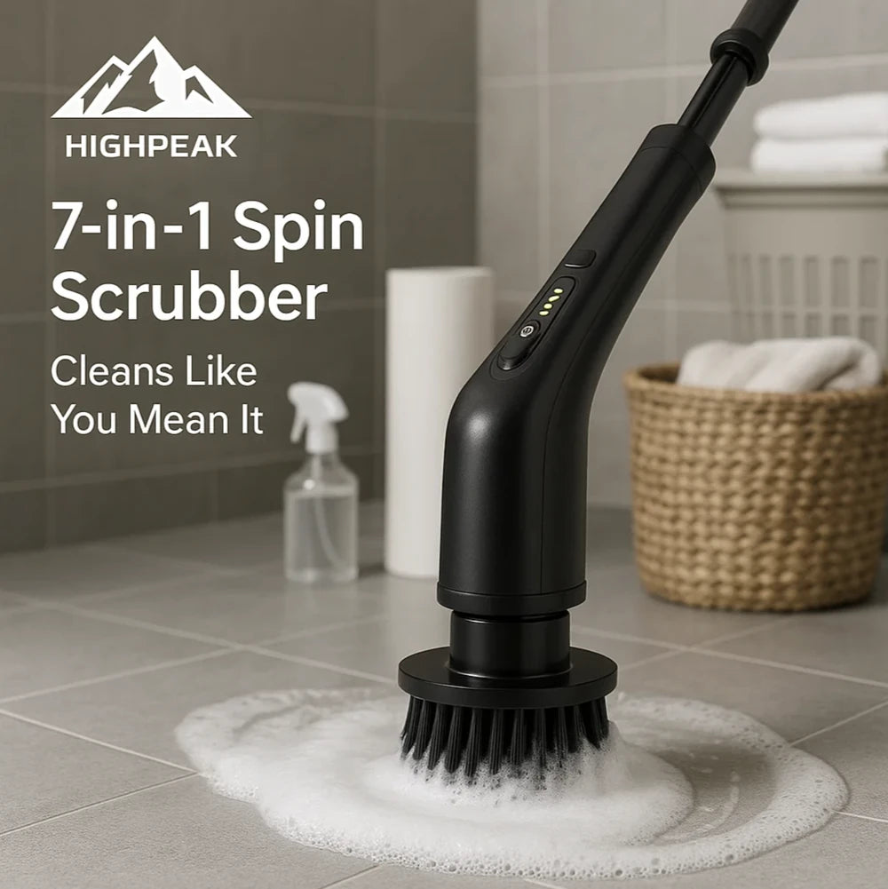 HighPeak 7-in-1 Spin Scrubber with black brush head cleaning gray bathroom tiles with foam soap.