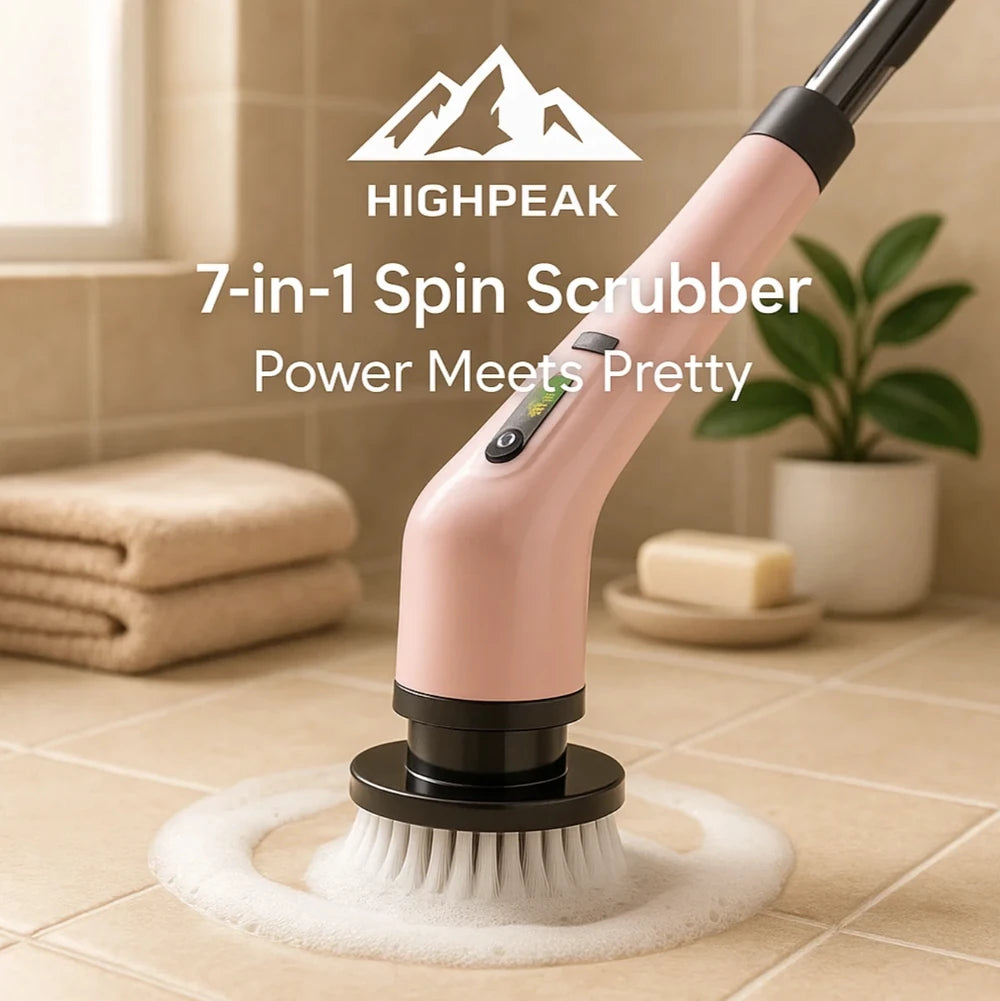 HighPeak 7-in-1 Spin Scrubber in pink with rotating brush cleaning tiled bathroom floor with foam