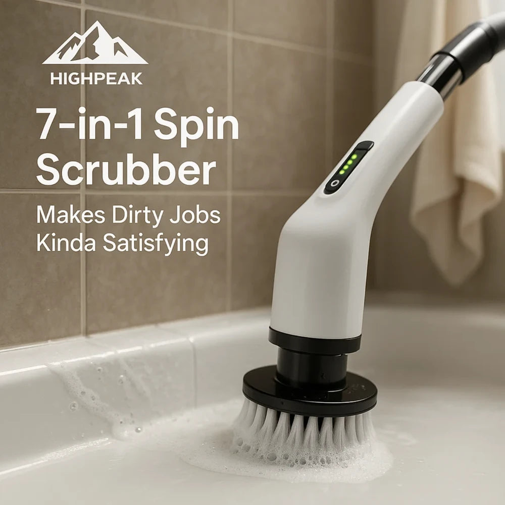 HighPeak 7-in-1 Spin Scrubber cleaning a tiled bathtub edge with white bristle brush and soap foam