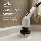 HighPeak 7-in-1 Spin Scrubber with white handle cleaning bathtub tile grout, cordless electric bathroom tool