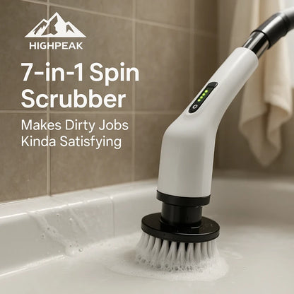 HighPeak 7-in-1 Spin Scrubber with white handle cleaning bathtub tile grout, cordless electric bathroom tool