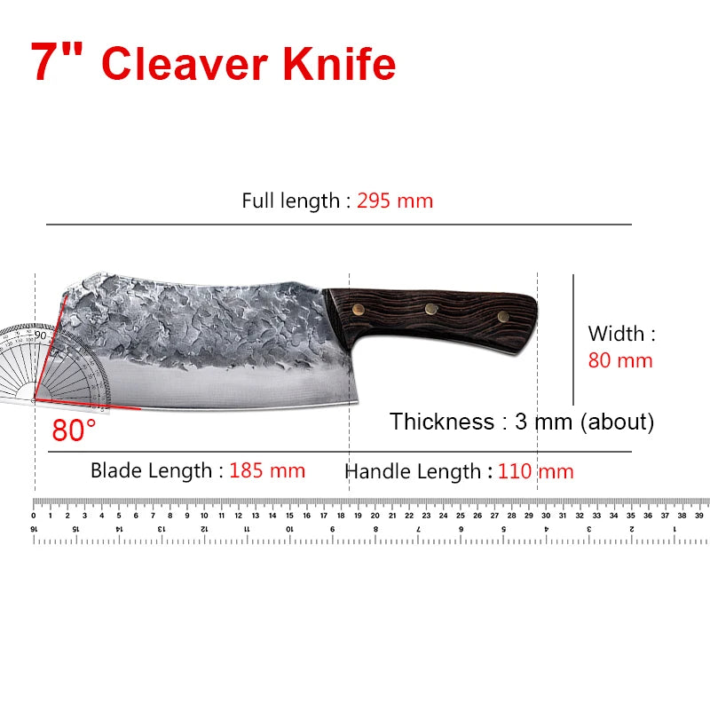 7-Inch Cleaver Chef Knife size diagram showing a 185 mm blade, 110 mm handle, and 295 mm overall length.