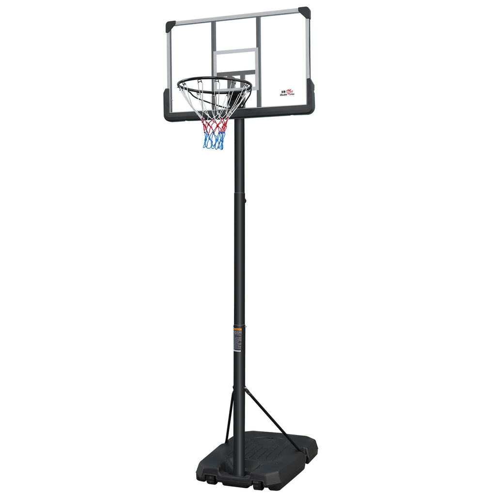 Adjustable Basketball Hoop by HighPeak with shatterproof backboard, solid steel rim, and portable wheeled base in black and white.