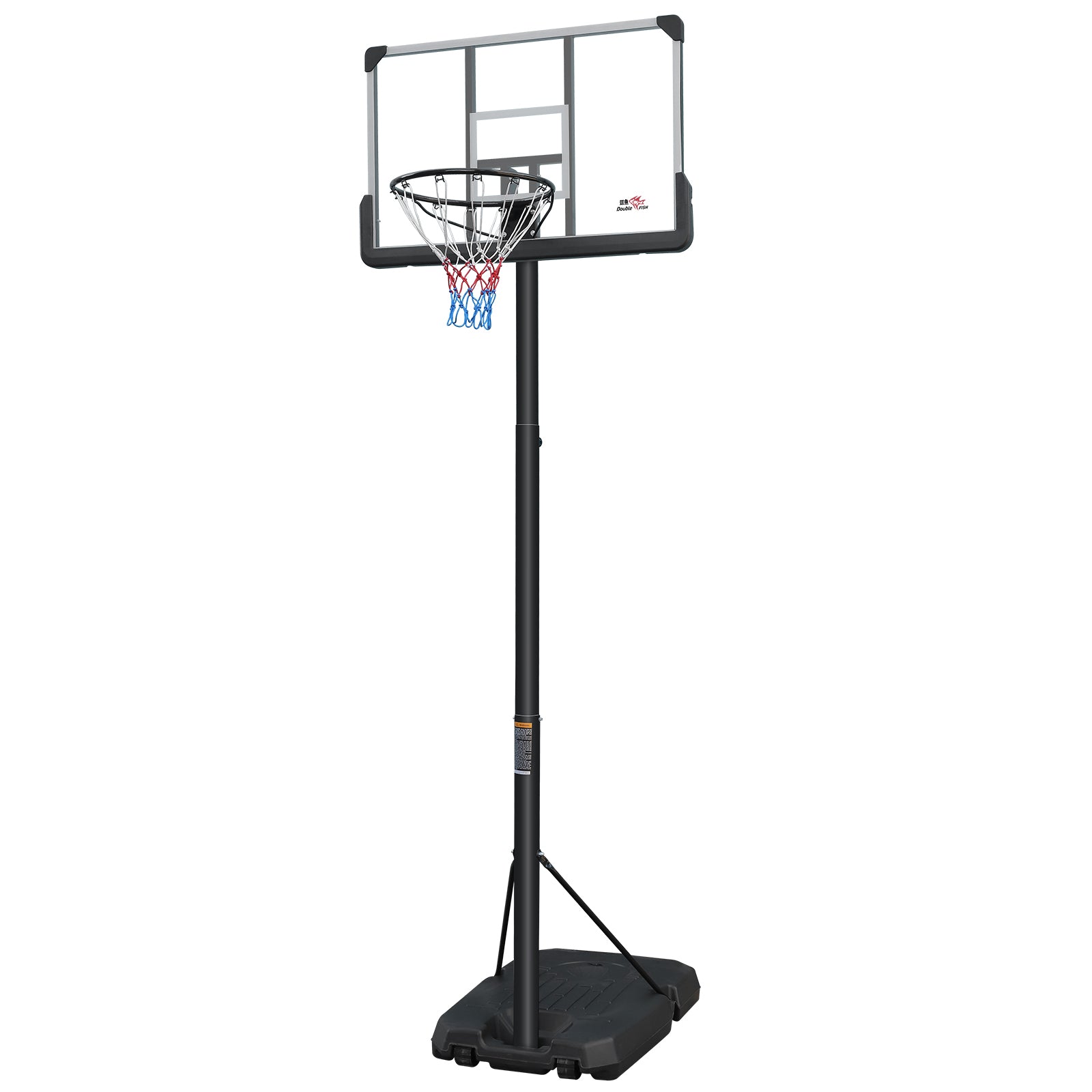 Adjustable Basketball Hoop by HighPeak with shatterproof backboard, solid steel rim, and portable wheeled base in black and white.