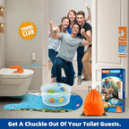 HighPeak Toilet Fishing Kit with orange rod, fish bowl, mat, and prank packaging in bathroom with cheering group behind door