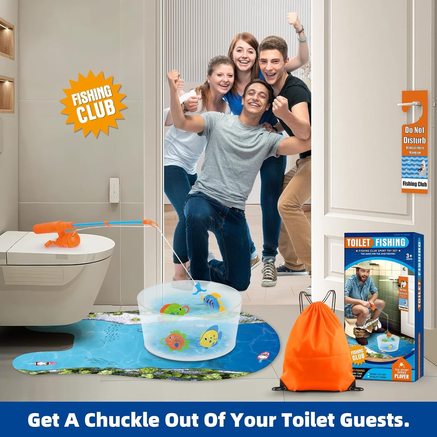 HighPeak Toilet Fishing Kit with orange rod, fish bowl, mat, and prank packaging in bathroom with cheering group behind door