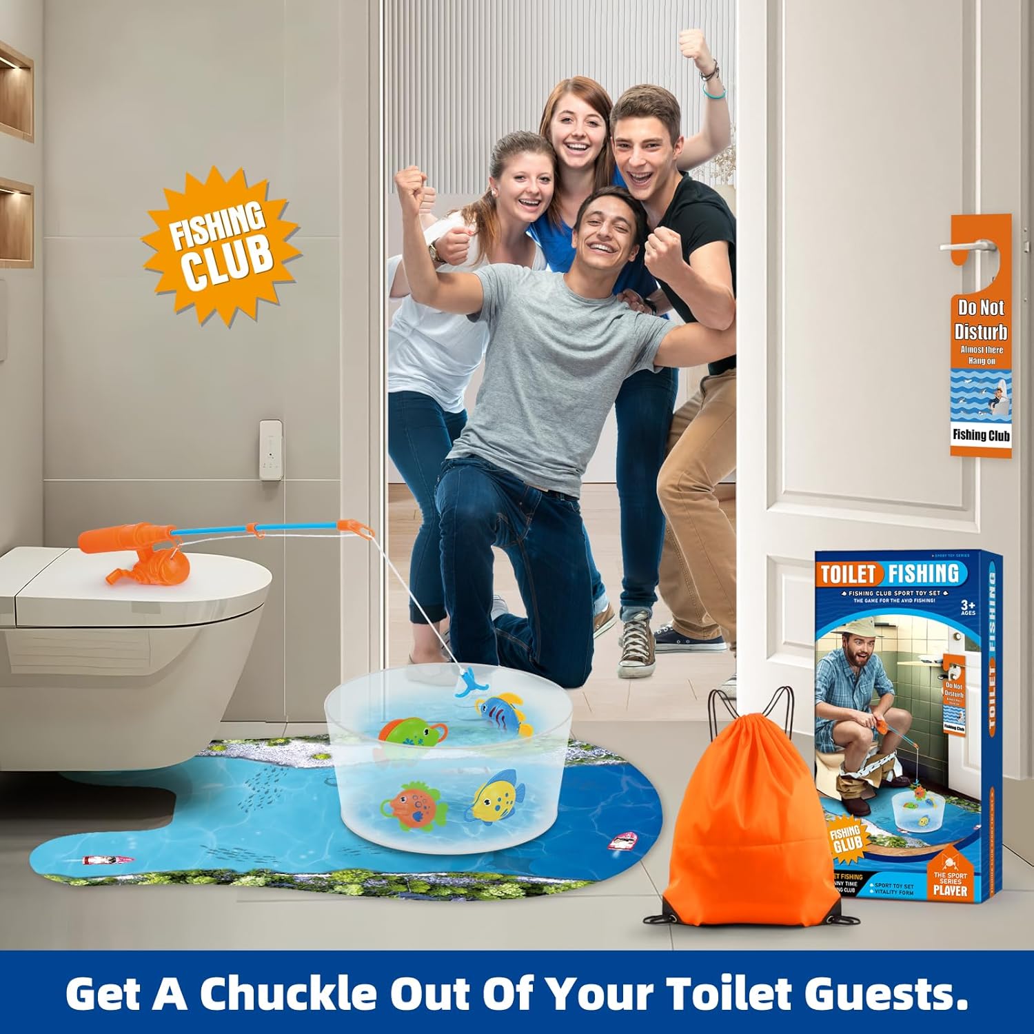 HighPeak Toilet Fishing Kit with orange rod, fish bowl, mat, and prank packaging in bathroom with cheering group behind door