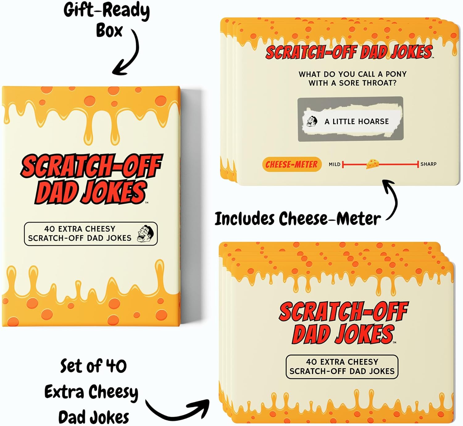 HighPeak Scratch Off Dad Jokes gift box and cards with cheese-meter rating, featuring 40 extra cheesy scratch-off dad jokes